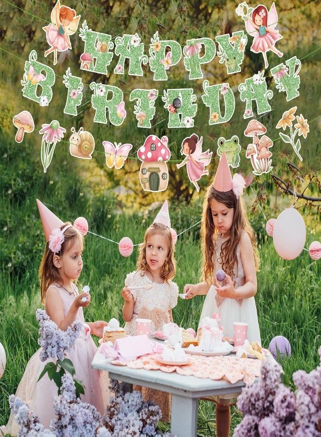 Daifunli 3 Pcs Fairy Birthday Party Decorations Green Glitter Happy Birthday Banner Colorful Hanging Decor Funny Banner Cutout Garland for Themed Decorations Bridal Shower Garden Party Supplies - Image 3
